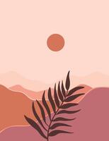 landscape background.wall art . Foliage line art drawing with abstract shape. vector