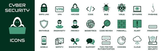 Cybersecurity icon set. Collection contains safe link, hacker, VPN, code, bug, virus, spyware, phishing, antivirus, anonymity, privacy, biometrics, encryption and other icons. vector