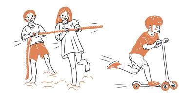 Set of doodle outline illustrations of happy playing children. Riding scooter, playing on beach. flat sketchy contour drawings isolated on white background vector