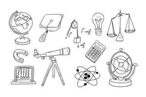 Physics contour doodle collection with academic hat and telescope. Monochrome educational outline stickers. Clipart of sketchy outline drawings isolated on white background vector