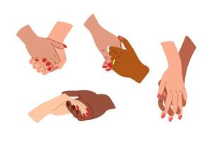 Set of drawings of Two diverse hands touching each other in relationship. flat hand drawn composition isolated on white background. Love, trust, wedding, marriage concept. vector