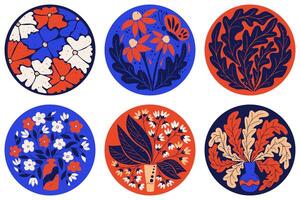 Set of Abstract Floral posters in round shape. Flat hand drawn botanical illustrations in printmaking technique with grunge texture and scratches. printout for home decor vector