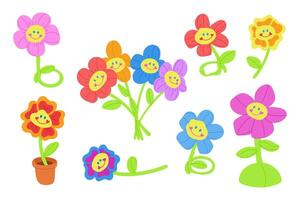 Retro set of 2000s artificial flowers. flat illustration of soft toys in neon colors from 2yk isolated on white background. Perfect for decoration, stickers and logo vector