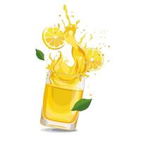 Splashes of yellow freshly and healthy lemon juice with fruit slices and green leaves. clipart in flat style with citrus drink isolated on white background for card, banner, flyer, design vector