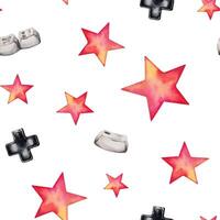 Star shapes and old computer keyboard gaming buttons seamless pattern. Hand drawn watercolor illustration isolated on white background. 80s 90s themed design for t-shirt fabric, prints or wallpaper vector