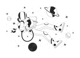 Astronaut in outer space black and white 2D illustration concept. Person wearing protective costume in cosmos cartoon outline character isolated on white. Lo fi theme scene color image vector