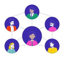 Business network 2D linear illustration concept. Professional team with indian female leader cartoon characters isolated on white. Employees cooperation metaphor abstract flat outline graphic vector
