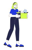 Sad european woman getting fired 2D linear cartoon character. Dismissed caucasian female with box isolated line person white background. Unemployment crisis color flat spot illustration vector