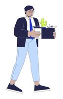 Pensive middle eastern man losing job 2D linear cartoon character. Arab man with stuff leaving work isolated line person white background. Unemployment color flat spot illustration vector