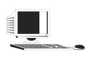 Vintage computer with monitor black and white 2D line cartoon object. Old pc workstation. Electronic device isolated outline item. Retro technology monochromatic flat spot illustration vector