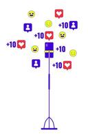 Smartphone on tripod with likes followers 2D linear cartoon object. Cellphone recording. Vlogging accessories isolated line element white background. Live streaming color flat spot illustration vector