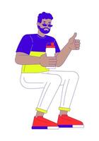 Influencer man recommending water bottle reusable 2D linear cartoon character. Black guy thumb up isolated line person white background. Zero waste promotion color flat spot illustration vector