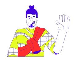 Casual fashion caucasian man waving hand 2D linear cartoon character. Smiling bearded guy isolated line person white background. Positive influencer friendly color flat spot illustration vector