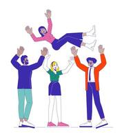 Celebrating peers achievement cartoon flat illustration. Happy multiracial team throwing leader in air 2D lineart characters isolated on white background. Great achievement scene color image vector