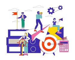 Leadership development 2D linear illustration concept. Multiethnic team of businesspeople cartoon characters isolated on white. Success and achievements metaphor abstract flat outline graphic vector