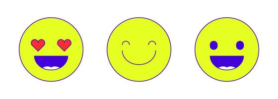 Happy emoticons for social media 2D linear cartoon objects set. Positive emojis stickers isolated line elements white background. Smiling expressions color flat spot illustrations collection vector
