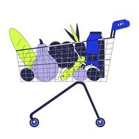 Shopping cart with food products 2D linear cartoon object. Grocery goods in trolley isolated line element white background. Buying cooking ingredients color flat spot illustration vector