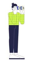 Caucasian man looking in binoculars 2D linear cartoon character. European male researcher with tool isolated line person white background. Surveillance hobby color flat spot illustration vector