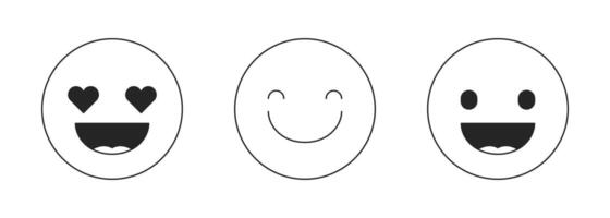 Happy emoticons for social media black and white 2D line cartoon objects set. Positive emojis isolated outline items collection. Smiling expressions monochromatic flat spot illustrations vector