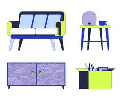Minimalist furniture and personal stuff 2D linear cartoon objects set. Home interior design isolated line elements white background. Room furnishing color flat spot illustration collection vector