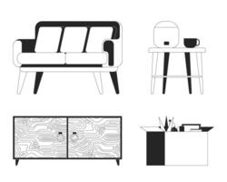 Minimalist furniture and personal stuff black and white 2D line cartoon objects set. Interior design isolated outline items collection. Room furnishing monochromatic flat spot illustrations vector