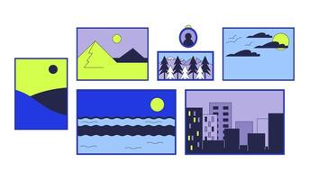 Framed paintings hanging 2D linear cartoon objects set. Landscape drawings for wall decoration isolated line elements white background. Interior color flat spot illustration collection vector