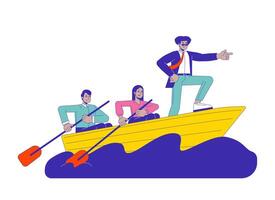 Leader showing way cartoon flat illustration. Latin american man leading boat while colleagues paddling 2D lineart characters isolated on white background. Teamwork scene color image vector