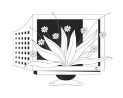 Plants covering computer screen black and white 2D illustration concept. Vintage monitor with growing grass cartoon items isolated on white. Lofi vibes inspiration metaphor monochrome art vector