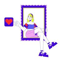 Blonde woman reacts to post on social media 2D linear cartoon character. Caucasian female in frame isolated line person white background. Active user social network color flat spot illustration vector