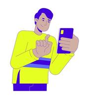 Gen z indian man typing smartphone 2D linear cartoon character. South asian guy with mobile phone isolated line person white background. Texting online color flat spot illustration vector