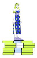 Sad caucasian woman standing on money pile 2D linear cartoon character. European female with low wage isolated line person white background. Inflation color flat spot illustration vector