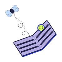 Empty wallet with fly and button 2D linear cartoon object. Lack of cash money. Losing savings isolated line element white background. Financial crisis color flat spot illustration vector