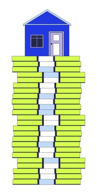 House on high cash money stack 2D linear cartoon object. Buying home. Real estate price growing isolated line element white background. Expensive mortgage color flat spot illustration