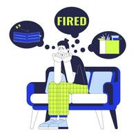Caucasian man with obsessive thoughts 2D linear cartoon character. European man unemployed isolated line person white background. Dismissed guy on sofa color flat spot illustration vector