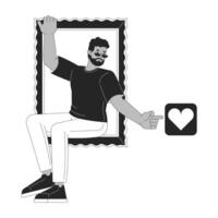 Black man clicking like on social media black and white 2D line cartoon character. African american guy in frame isolated outline person. Active user monochromatic flat spot illustration vector