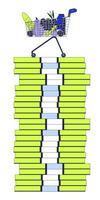 Shopping cart with food on money packs stack 2D linear cartoon object. Expensive grocery products isolated line element white background. High prices color flat spot illustration vector