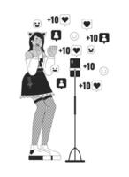 Kawaii female cosplayer in front of phone camera black and white 2D line cartoon character. Indian woman cosplay isolated outline person. Dance social media monochromatic flat spot illustration vector