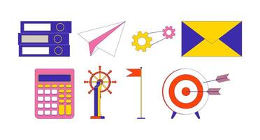 Office essentials 2D linear cartoon objects set. Stationery supplies isolated line elements white background. Business development strategy color flat spot illustration collection vector