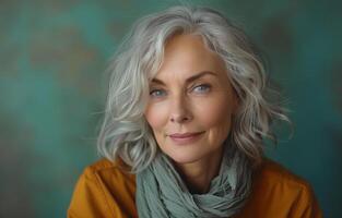 Joyful senior lady poses against soft green backdrop in charming portrait capturing contentment photo