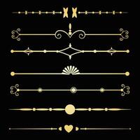 Decorative lines, Text devider set, gold line minimal separators, elegant doodlle borders, decorative elements isolated on dark background. vector
