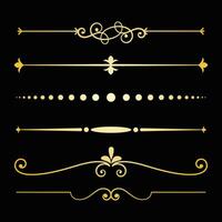 Decorative lines, Text devider set, gold line minimal separators, elegant doodlle borders, decorative elements isolated on dark background. vector