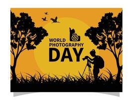 World Photography Day with World Map Background, photographer taking photo. vector