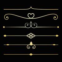 Decorative lines, Text devider set, gold line minimal separators, elegant doodlle borders, decorative elements isolated on dark background. vector
