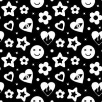 Emo seamless pattern with burning hearts, stars, eyes, smiling faces and flowers. Illustration. Funny black and white background with strange cute elements. vector