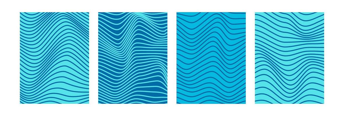 Blue wavy lines abstract backgrounds. Optical modern art. Psychedelic illusion, swirls, waves. Hypnotic surreal covers, posters, cards. Summer vibes. illustration.