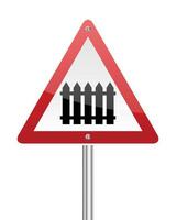 Railroad crossing ahead, rail boom gate ahead, red triangle warning sign with fence traffic sign vector