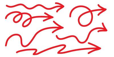 Red arrow wavy direction pointer fluid style. Hand drawn isolated on white background. vector