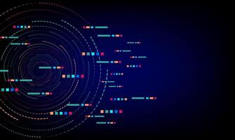 Abstract communication and technology concept. Futuristic tech circle with colorful pixels on a dark blue background. Network connection. vector