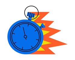 Hand drawn cute illustration of timer clock on fire. Flat vintage time measurement device in colored doodle style. Stopwatch sticker, icon. Deadline, limited in time, countdown. Isolated. vector