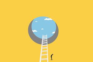 businessman looking up at a ladder solution. Symbol of challenge and problem solution. vector